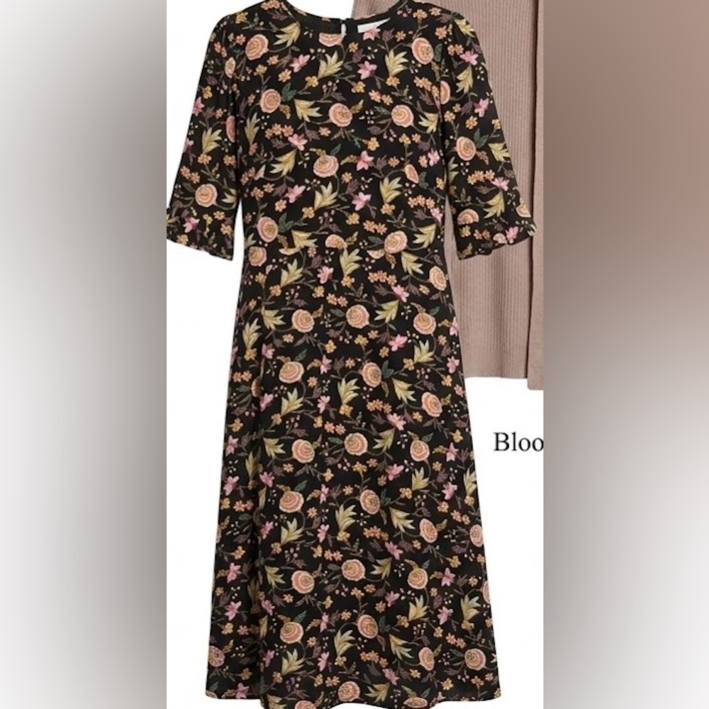 LOFT Black Dress with Floral Print with front slit